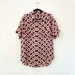 vintage 60s brown pink geometric print mens shirt cotton loop collar rayon XL